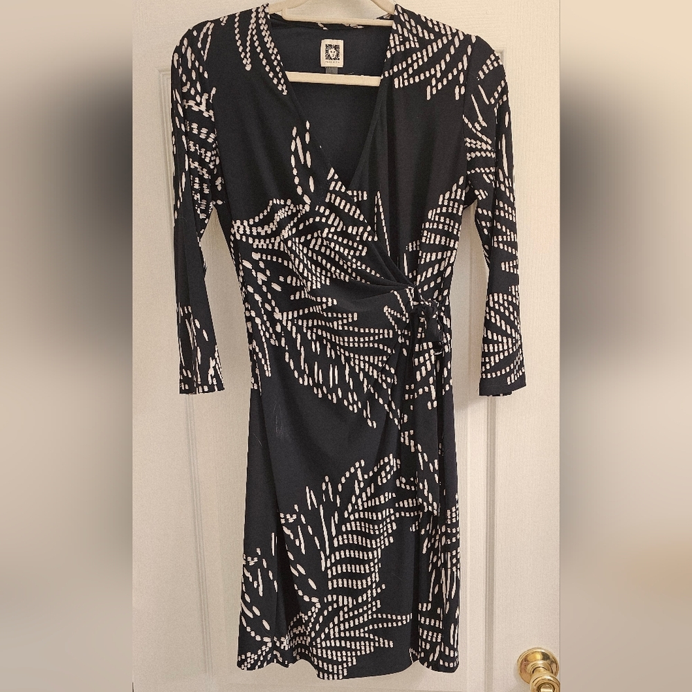 Anne Klein Midnight Blue and White Faux-Wrap Dress